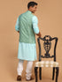 Vastramay Men's Green Jacquard Nehru Jacket with Kurta Pyjama Set